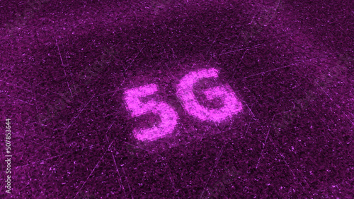 5G sign. Animation. Glowing particles descend and become 5G sign. Bright 5G color sign with pulsating light effects
