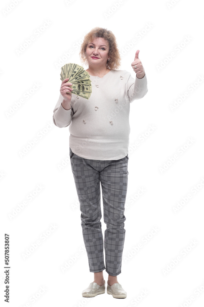 in full growth. happy adult woman with banknotes. in full growth. happy adult woman with banknotes.