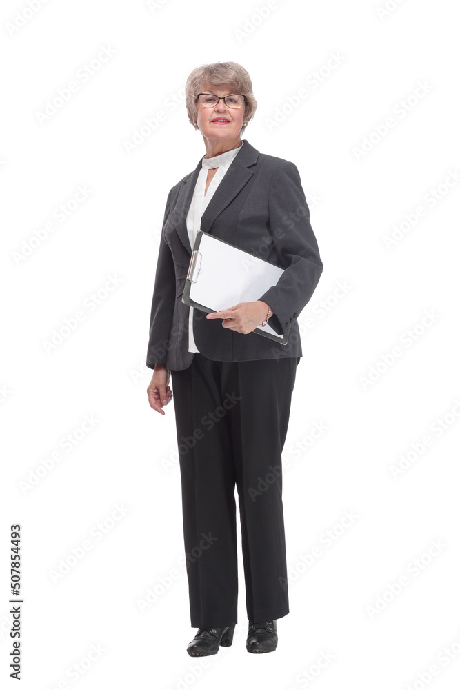 Front view of businesswoman with clipboard and finger point up Front view of businesswoman with clipboard and finger point up
