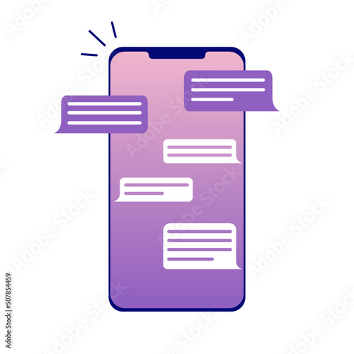Chatting and messaging on a smartphone. Screen with speech bubbles. Vector illustration. Flat design.