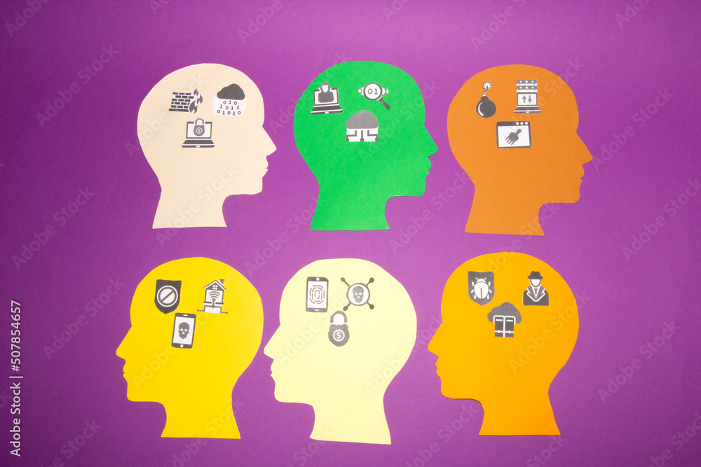 six colorful paper head with internet security icon, creative security purple background, safe data on the internet six colorful paper head with internet security icon, creative security purple background, safe data on the internet