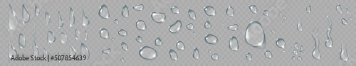 Water drop condensation set. Vector realistic clean transparent rain droplet set on glass or window background