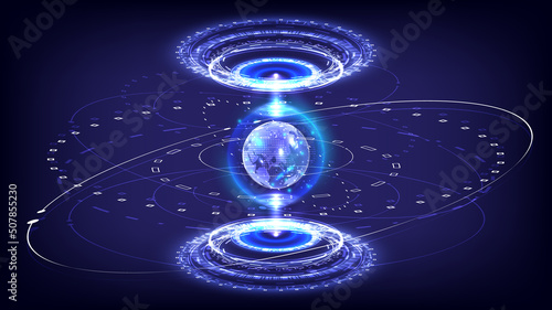 Portal and Globe hologram science futuristic. Digital hi-tech in glowing HUD projector. Magic gate in game fantasy. Circle teleport podium. GUI and UI virtual reality. Placeholder and copy space