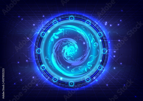 Circle teleport podium. Portal science futuristic stage. Hi-tech teleportation in HUD projector. Magic gate in game fantasy. GUI and UI virtual reality 3D circular. Portal to another universe