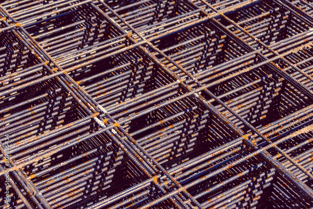reinforcing welded mesh rusted, close-up perspective view