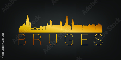 Bruges, Belgium Gold Skyline City Silhouette Vector. Golden Design Luxury Style Icon Symbols. Travel and Tourism Famous Buildings.