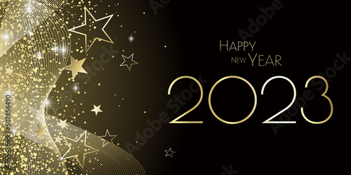 happy new year 2023 - Black and gold stars and glitter waves- party festive design