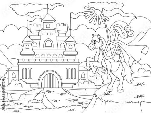 Knight near the gates of the old castle. Page outline of cartoon. Raster illustration, coloring book for kids.