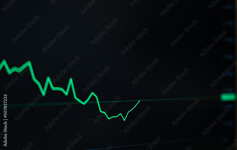 Trading currency investment with technical of candlestick signal graph fast moving with panic market on stock board, Green line graph with volumn trade of profit and loss flowing