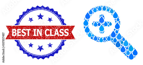 Vector mosaic zoom in, and bicolor textured Best in Class seal. Zoom in collage for pure beverage ads. Zoom in is formed with blue pure water drops.