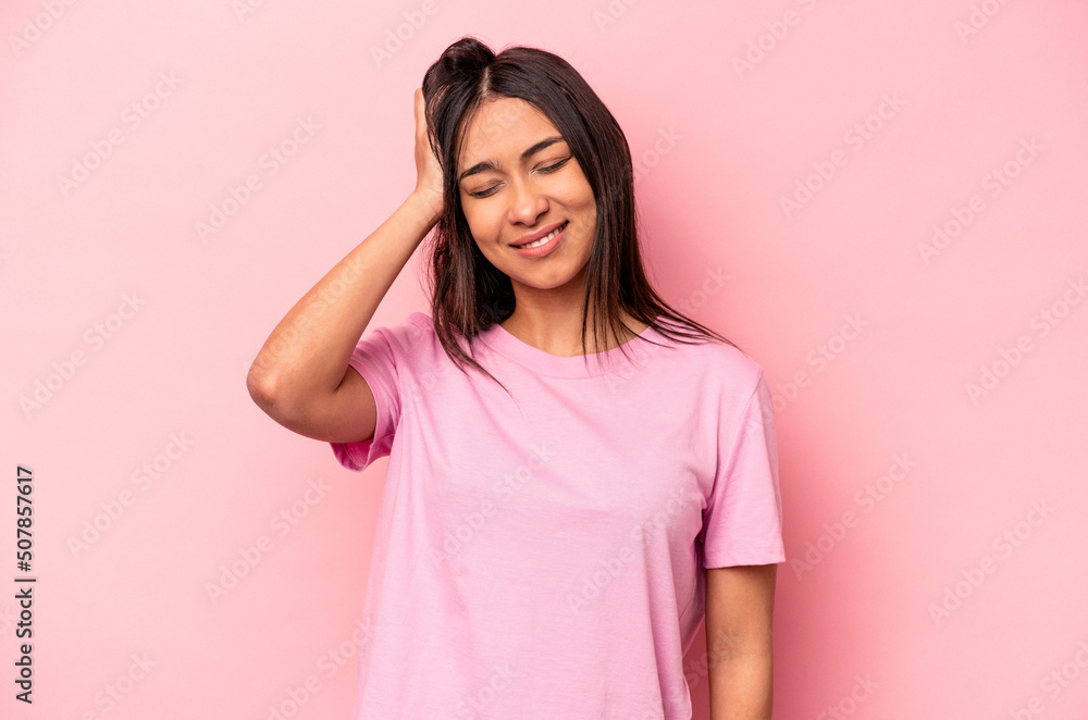 Young hispanic woman isolated on pink background tired and very sleepy keeping hand on head. Young hispanic woman isolated on pink background tired and very sleepy keeping hand on head.