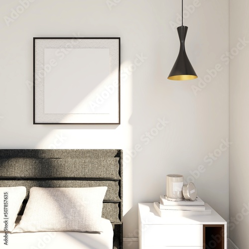 Bedroom with square frame mockup, bed in modern design and interior decoration with books and lamp. 3d rendering, interior design, 3d illustration