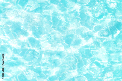 Defocused blurred clear water of blue or turquoise color. Sun glare and shadows in calm water. Trendy abstract nature texture background. Summer coolness. Copy Space for text
