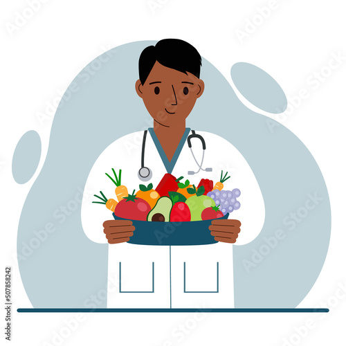Nutritionist doctor with a bowl of fruits and vegetables. Dietitian