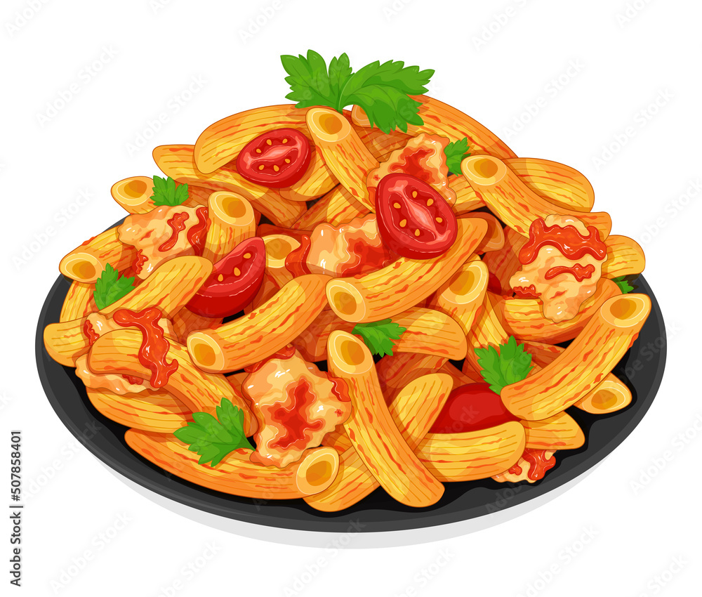Italian penne pasta noodles with chicken dill and tomato. Italian