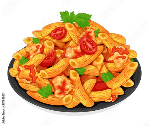 Italian penne pasta noodles with chicken dill and tomato. Italian noodles food recipes. Healthy pasta spaghetti noodles menu close up illustration vector.