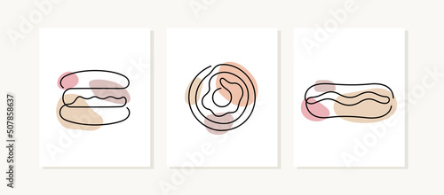 Pastries continuous line posters. Variety of cakes artistic vector illustrations.