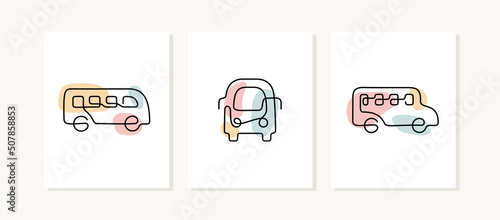 Public transportation continuous line posters. Bus artistic vector illustrations.