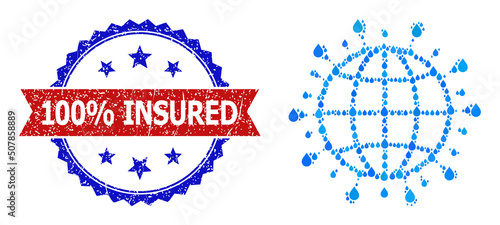 Vector mosaic global coronavirus, and bicolor scratched 100% Insured seal. Global coronavirus mosaic for pure water advertisement. Global coronavirus is created with blue pure water dews.
