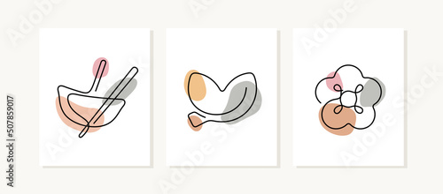 Chinese cuisine continuous line posters. Chinese dumplings, fortune cookie and flower artistic vector illustrations.