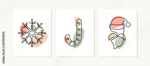 Christmas continuous line posters. Snowflake, candy cane, Santa Claus artistic vector illustrations.