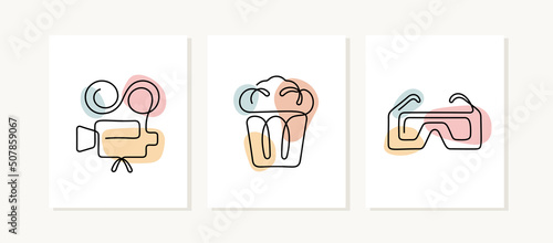 Cinema theatre continuous line posters. Camera, popcorn, 3d glasses artistic vector illustration.