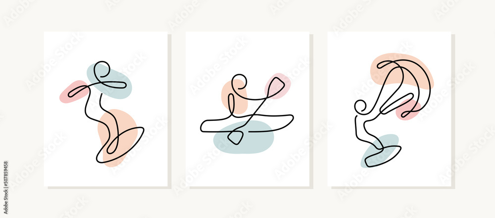Water sports continuous line posters. Surfing, kayaking, kite surfing artistic vector illustrations.