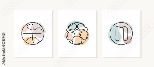 Sports balls continuous line posters. Basketball, soccer, volleyball artistic vector illustrations.