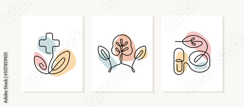 Herbal medicine continuous line posters. Homeopathy pharmacy artistic vector emblem illustrations.