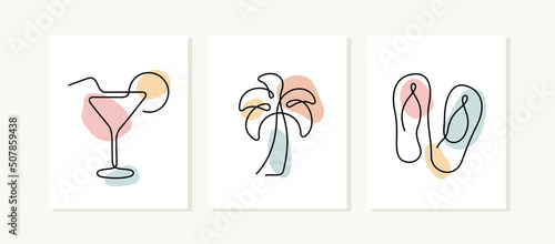 Summer vacations continuous line posters. Island life. Cocktail, coconut tree, flip flops beach artistic vector illustrations.