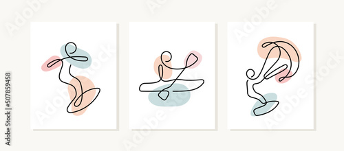 Water sports continuous line posters. Surfing, kayaking, kite surfing artistic vector illustrations.