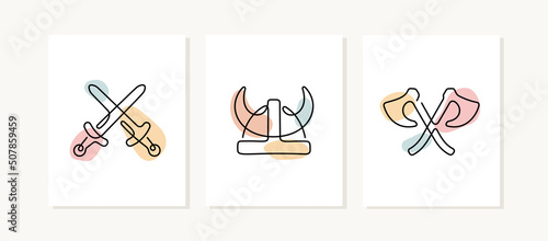Viking armour continuous line posters. Medieval arms and helmet artistic vector illustrations.