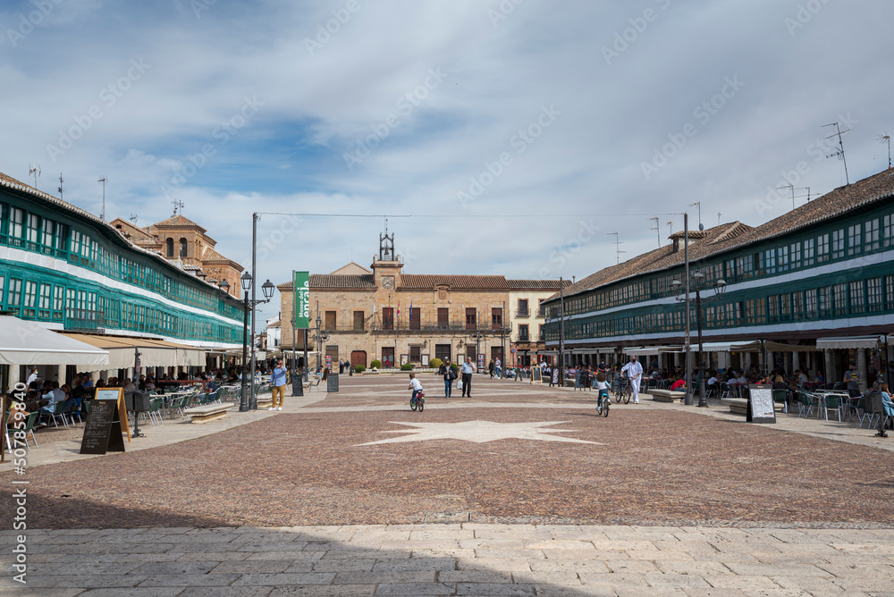 Main Square of Almagro, in the province of Ciudad Real, Spain. This town is a tourist destination and is designed as Historic-Artistic Grouping