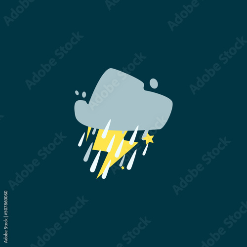 Lightning Storm, Thunder Cartoon Weather Icon. Flat Design Showing Thunder And Raindrops Coming From The Cloud. Isolated Objects. Asset for Animation, Web Design, Mobile Apps And More.
