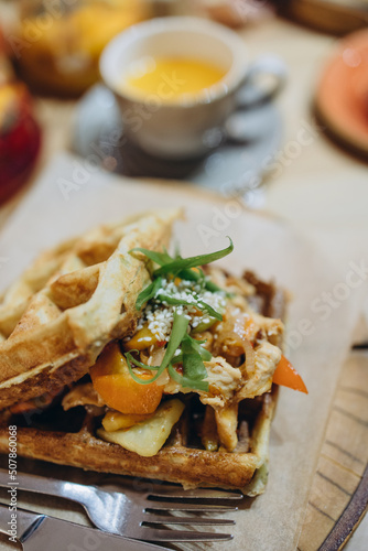 Belgian waffles with meat and vegetable filling