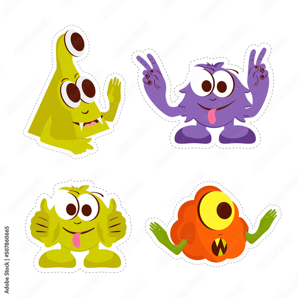 Obraz premium A set of funny monsters. Colored stickers. Vector