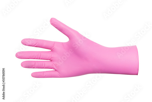 Pale light pink rubber cleaner glove isolated white