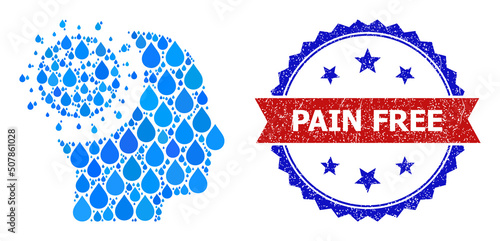 Vector mosaic brain virus, and bicolor unclean Pain Free seal stamp. Brain virus mosaic for clean water ads. Brain virus is created from blue pure aqua tears.