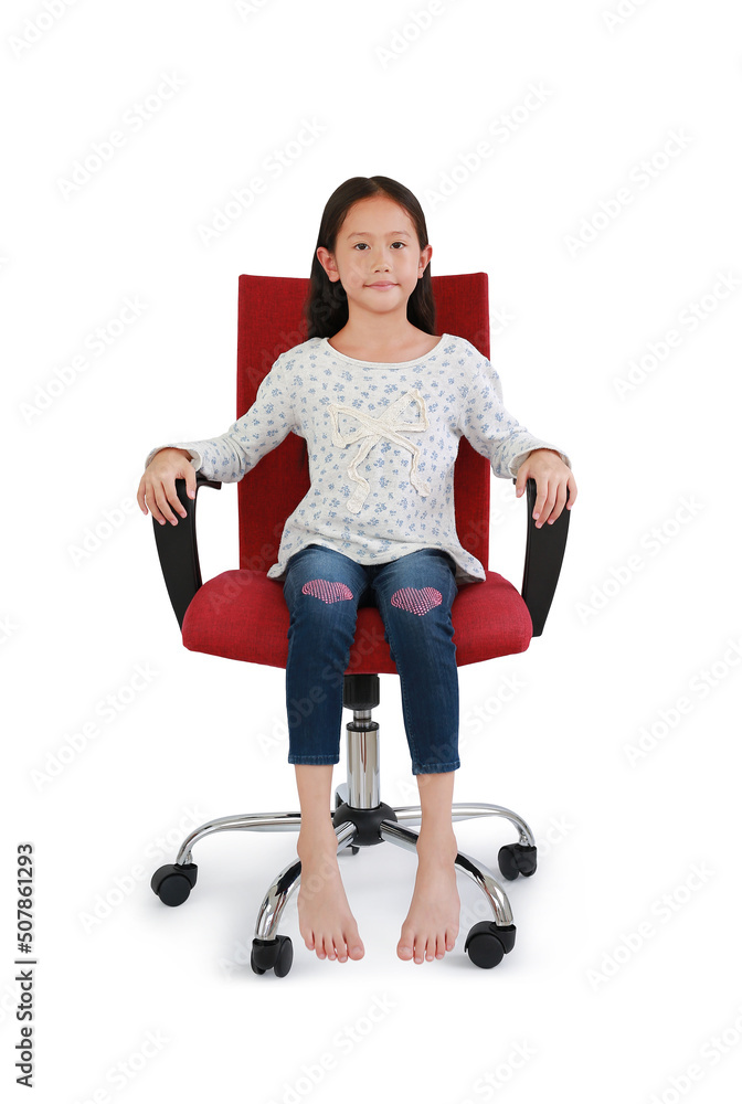 Asian little girl child looking at camera with sitting and relax on chair isolated on white studio background. Image full length with Clipping path Asian little girl child looking at camera with sitting and relax on chair isolated on white studio background. Image full length with Clipping path