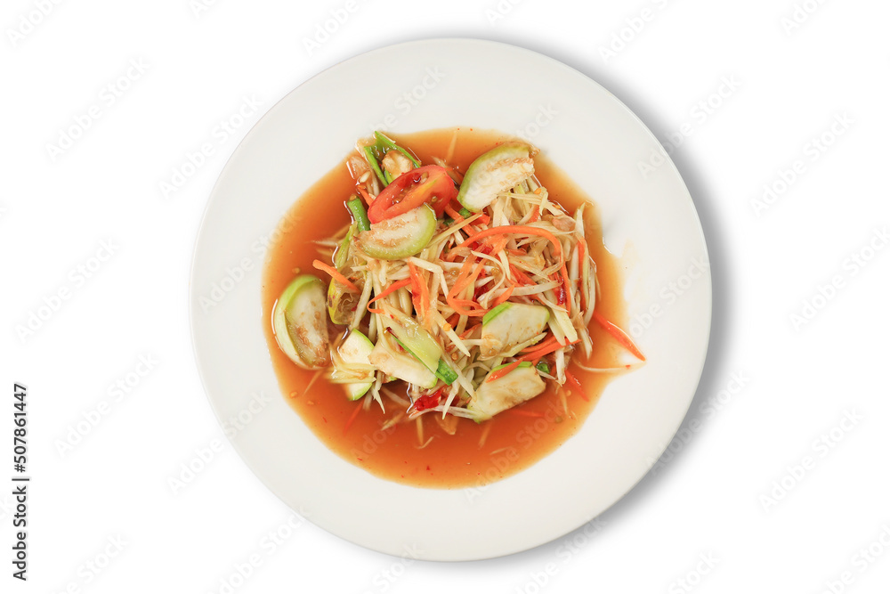 Papaya Salad (Som Tam) the traditional Thai foods isolated on white background. Most wanted popular food in Thailand. Papaya Salad (Som Tam) the traditional Thai foods isolated on white background. Most wanted popular food in Thailand.