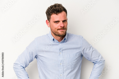Young caucasian man isolated on white background confused, feels doubtful and unsure.