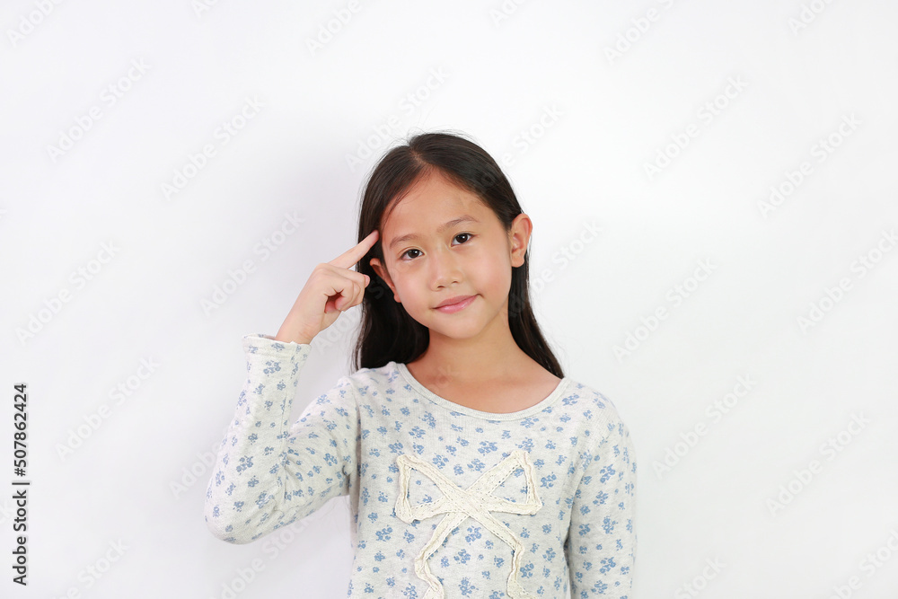 Asian girl child thinking gesture with index finger point brain head for new idea and imagination or creativity education isolated on white background. Asian girl child thinking gesture with index finger point brain head for new idea and imagination or creativity education isolated on white background.