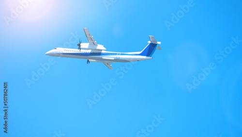 Airplane taking off to the blue sky from international airport runway in Sapporo Hokkaido Japan and have sun light flare to camera and shoot from uprisen or low angle view.