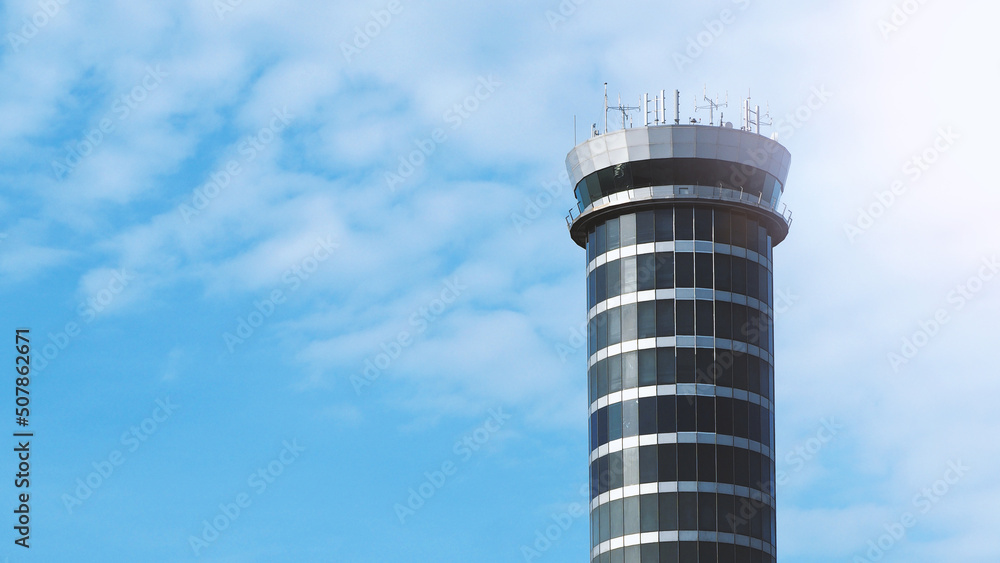 Air traffic contact center tower of Suvarnabhumi international airport Bangkok Thailand which manage queue of runway and communication between airplane for safty in air and ground with technology.