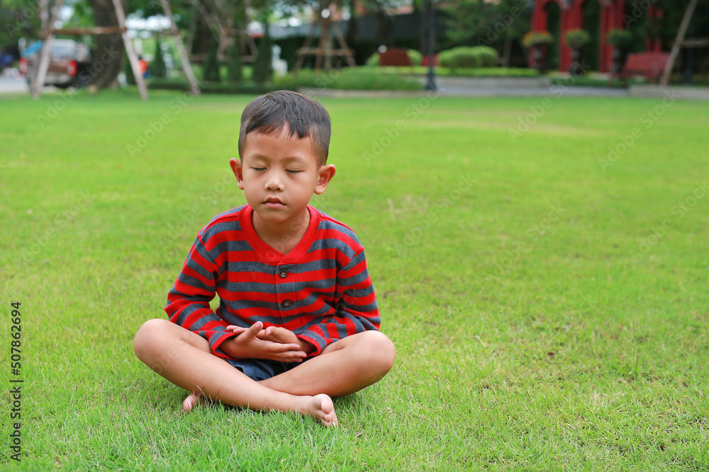Asian little boy child practicing mindfulness meditation sitting on lawn in the garden. Asian little boy child practicing mindfulness meditation sitting on lawn in the garden.