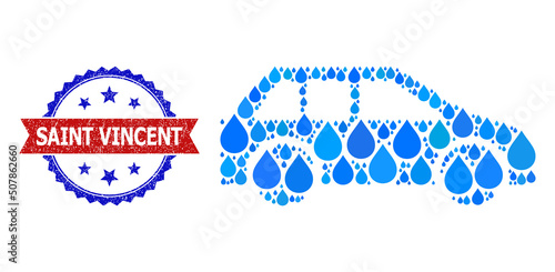 Vector mosaic car, and bicolor grunge Saint Vincent seal stamp. Car mosaic for pure beverage ads. Car is designed with blue drinking aqua tears. photo