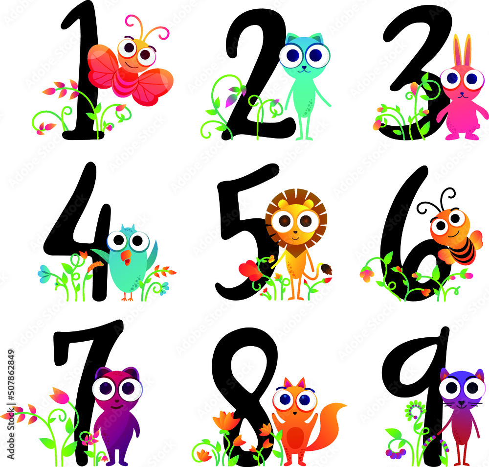 Vector illustration of numbers collection. A set of flowers, animals and numbers for birthday party. Design for banner, poster, card and invitation. Bear, cat, bee, lion, mouse, butterfly, rabbit, owl