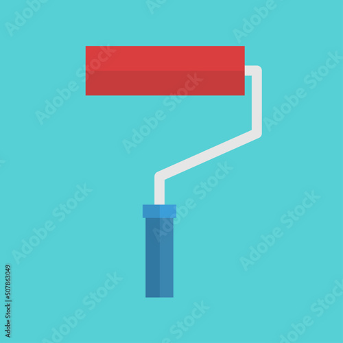 flat paint roller icon illustration with red paint and blue handle