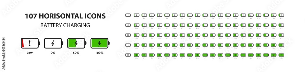 Set of horizontal battery level indicators in percentage vector ...