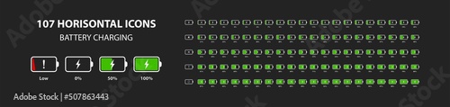 Set of white horizontal battery level indicators in percentage vector. Battery indicator symbols. 0-100 percent. Battery for the dark theme.